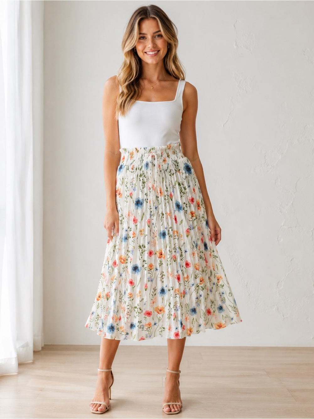 Pleated Floral Midi Skirt in Ivory with Blue & Coral Blooms